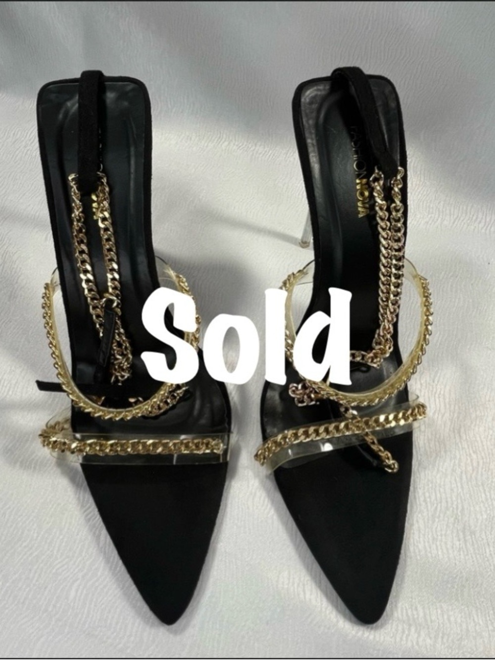 Elegant Black Stiletto Heels with Gold Chain Accents NWOT